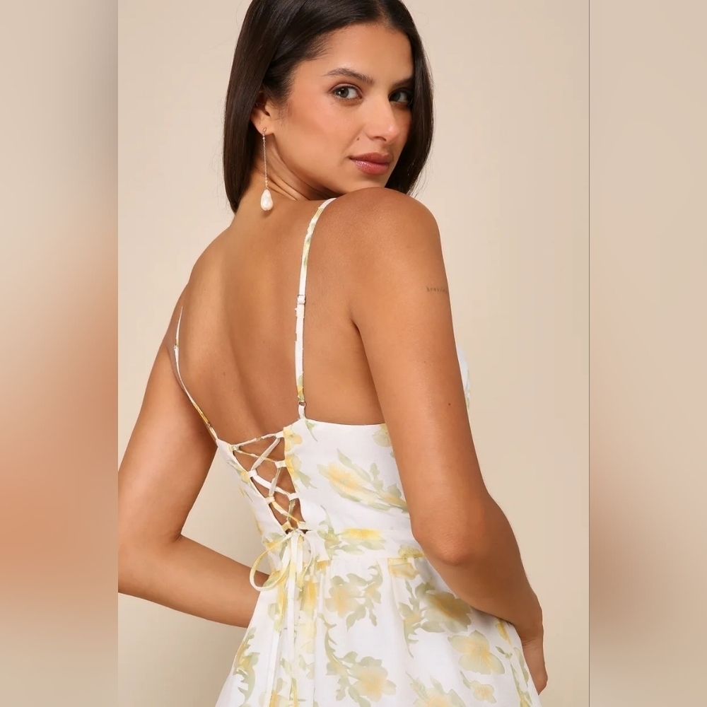 Lulus Gorgeous Occasion Cream Floral Burnout Lace-Up Tiered Maxi Dress M Wedding - Picture 4 of 13